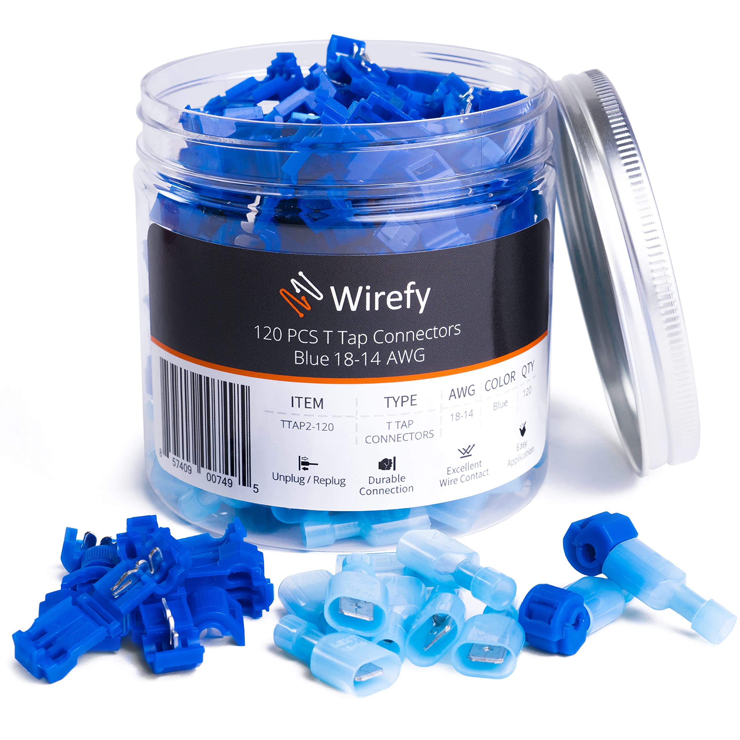 Wirefy 120 PCS T Tap Wire Connectors - Quick Splice Wire Connectors - Quick Disconnect Wire Taps - Blue 18-14 AWG