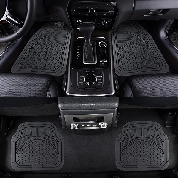 AMAZON BASICS HEAVY DUTY THICK PVC CAR FLOOR MATS, ANTI-SLIP, EASY TO CLEAN, UNIVERSAL TRIM-TO-FIT ALL-WEATHER FOR AUTOMOTIVE SUV SEDANS TRUCKS, 4-PIECE, SOLID BLACK