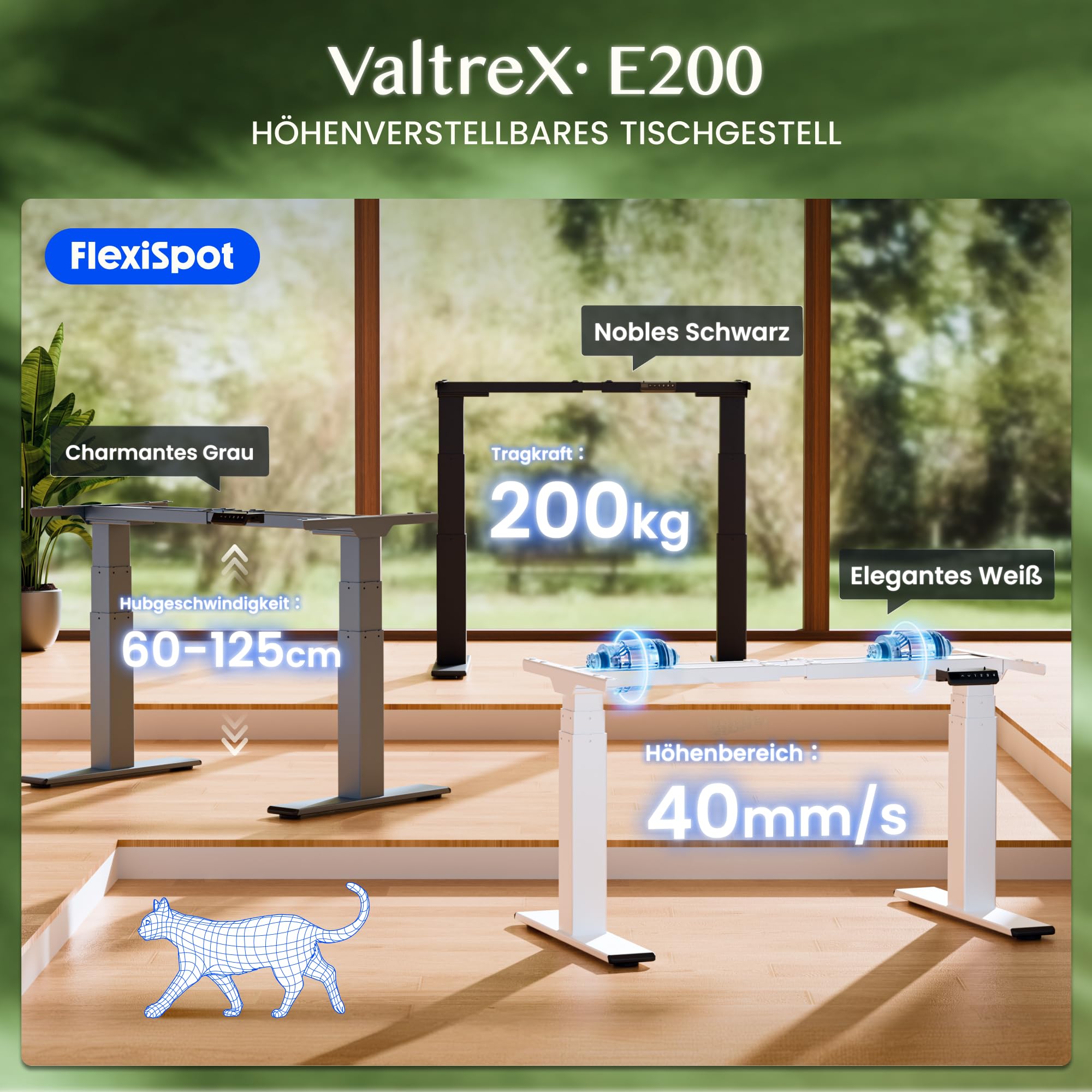 FLEXISPOT Höhenverstellbarer Schreibtisch Gestell, elektrisch mit 2 Motoren, 3-stufiges Tischgestell höhenverstellbar mit 4 Memory-Steuerung & USB, Belastbar bis 200 KG (ValtreX E200, Schwarz) 2