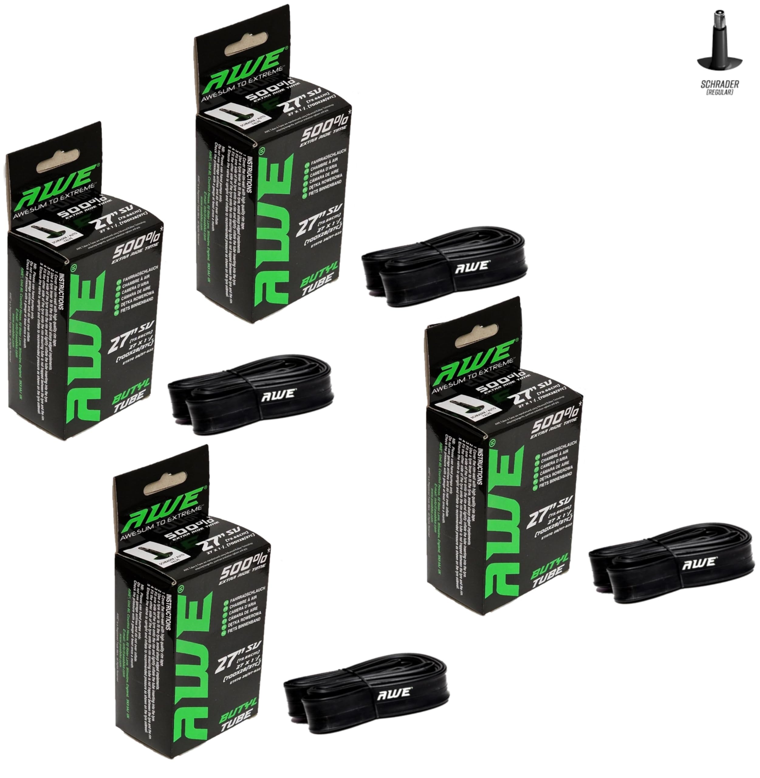 4 x AWE E-Bike/Bike Butyl Rubber 27 Inch Inner Tubes 500%* Extra Ride Time to fit 27"x 1 1/4 (700x28/37C) with Schrader Valves