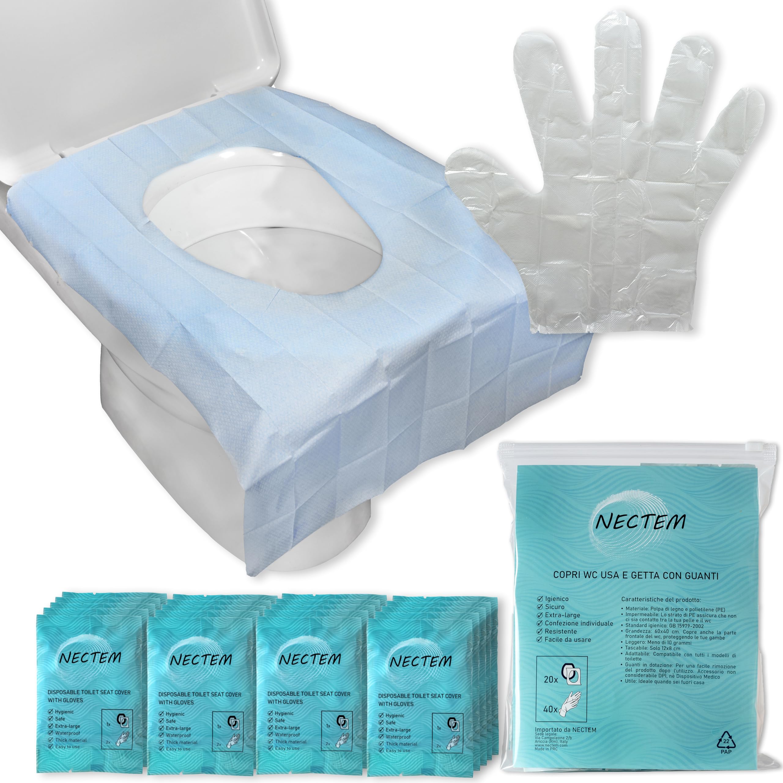 NECTEM Disposable Toilet Seat for Children and Adults with Gloves, 20 Pieces Universal Extra Large 60 x 40 cm, Waterproof
