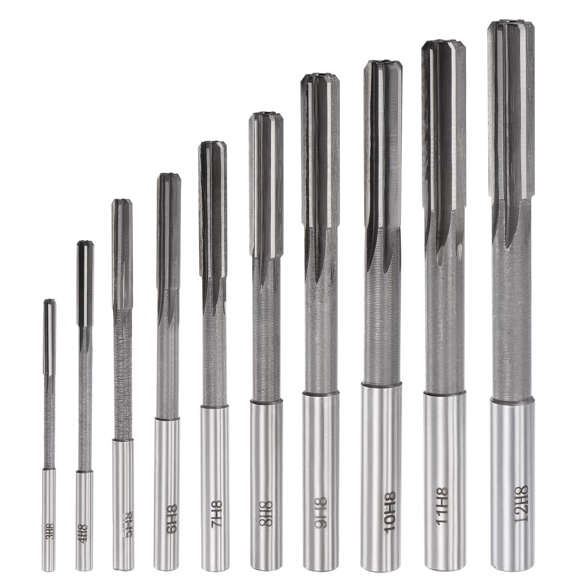 sourcing map Chucking Reamer Set Lathe Machine Reamer Straight Flute Milling Cutter High Speed Steel H8 Tolerance (3mm 4mm 5mm 6mm 7mm 8mm 9mm 10mm 11mm 12mm) 10pcs