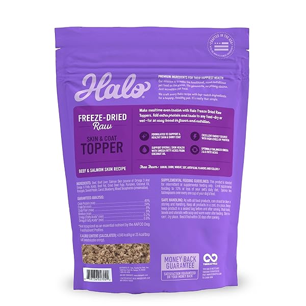 HALO FREEZE DRIED RAW DOG FOOD TOPPER, BEEF AND SALMON RECIPE, FOR SKIN & COAT SUPPORT, REAL MEAT TOPPER, OMEGA 3 FATTY ACIDS, 1LB BAG