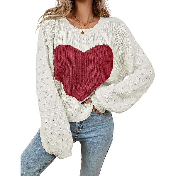 WIWIQS Women's Heart Knit Sweater | Loose Fit Long Sleeve Pullover | Plus Size Cute Valentine's Top
