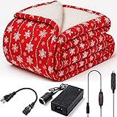Retisee 12 Volt Heated Car Blanket Heated Electric Christmas Throw Blanket for Car, Truck, SUV, or RV with 3 Heating Levels for Home Camping Portable Indoor Outdoor, 60 x 51 Inch(Red Snowflake)