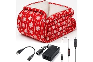 Retisee 12 Volt Heated Car Blanket Heated Electric Christmas Throw Blanket for Car, Truck, SUV, or RV with 3 Heating Levels for Home Camping Portable Indoor Outdoor, 60 x 51 Inch(Red Snowflake)