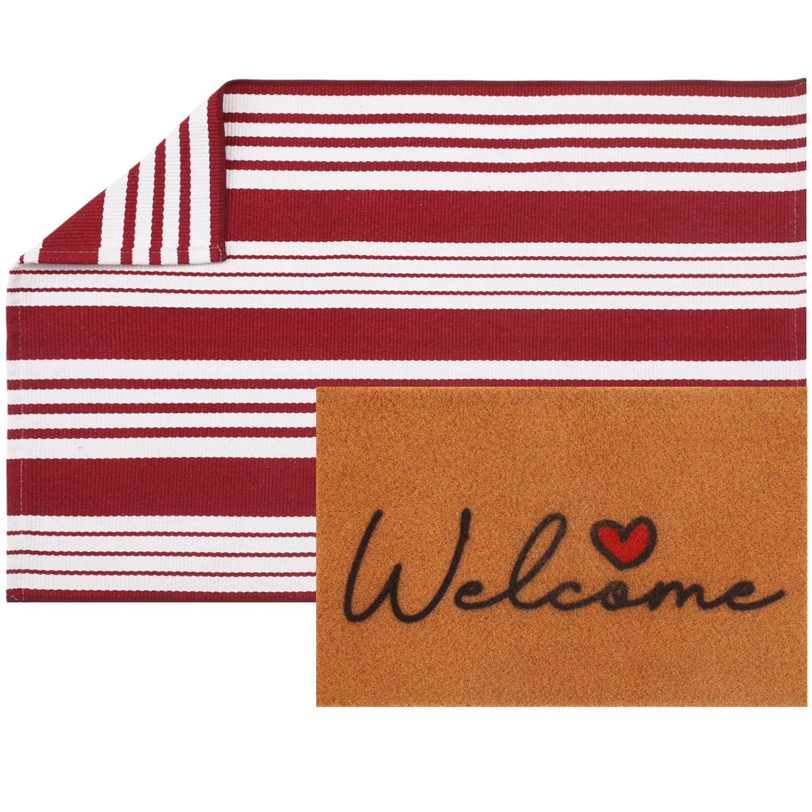 Maasechs 2 Pcs Heart Welcome Doormat Set 24'' x 35'' Red White Stripes Outdoor Rug and 24'' x 16'' Heart Coir Doormat Non Slip Floor Mat for Outside Entrance Front Porch(Heart)