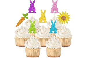 HFATMOS 28 Pcs Easter Cupcake Toppers Glitter Cake Topper Colorful Bunny Cake Baking Topper for Spring Easter Wedding Baby Shower Holiday Birthday Party Decorations Supplies, 7 Assort Styles ﻿
