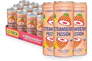 wildwonder Sparkling Probiotic Drink 12pk, For Gut Health & Immune Support, Strawberry Passion, 5g Prebiotic Fiber, Live Probiotics, Organic, Vegan, Low Sugar, 12 Pack, 12oz Can, As Seen on Shark Tank