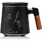 suyika Ceramic Tea Cup with Infuser and Lid, Gradient Embossed Large Tea Mug Wooden Handle for Steeping Loose Leaf, Tea Lover Gifts 15.2 oz / 450 ml,Matte Black