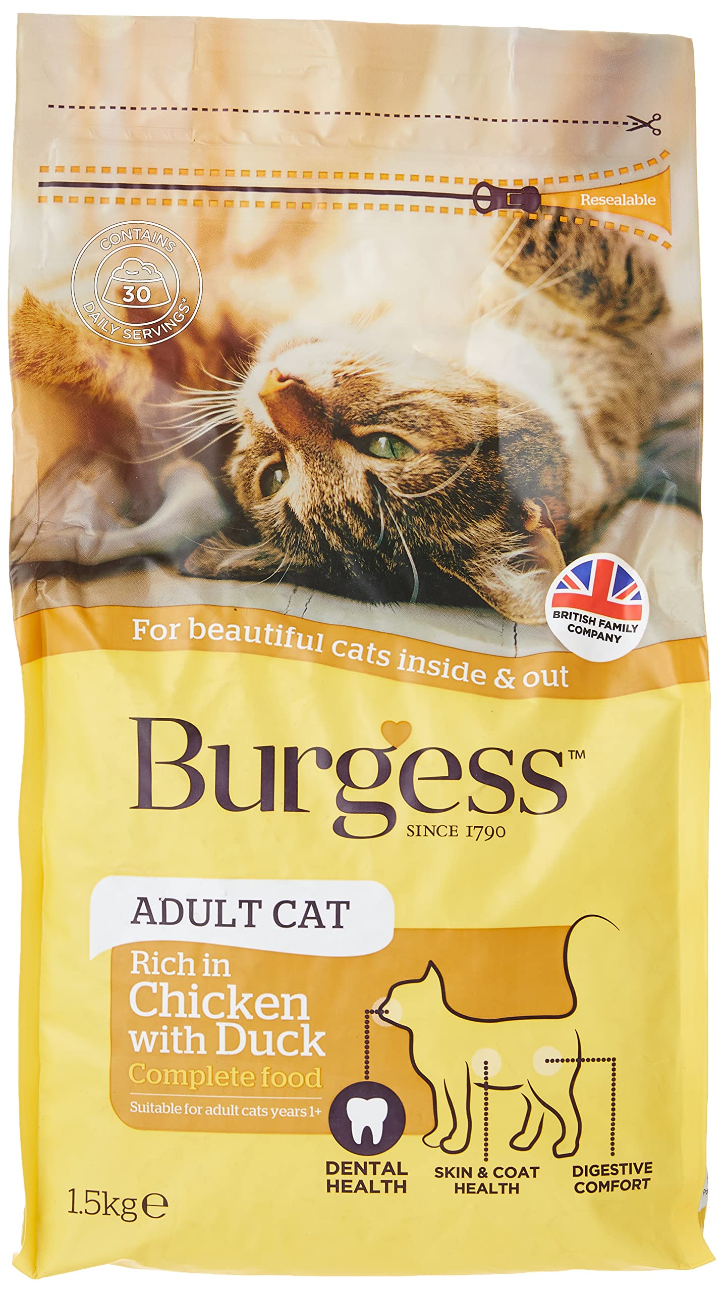 Burgess Adult Cat Food British Chicken and Duck - 1.5 kg, Brown
