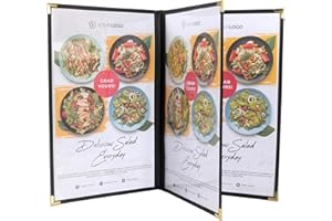 Ylittaa Menu Covers/Booklet, Triple Page, 3 Pockets, 6 View, for 8.5" x 14" Legal Size Paper, Pack of 6, Black Edging + Gold Metal Corner, Made with Leatherette & Vinyl