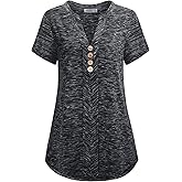 MOQIVGI Womens Notch Neck Short Sleeve Plaid Shirts Checkered Blouse Tops