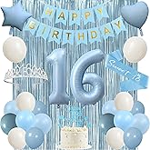 Trgowaul Sweet 16th Birthday Decorations for Girls, Light Blue 16th Birthday Party Supplies, Banner, Sash and Crown, Cake Topper, 16 Number Balloon, Fringe Curtains, 16 Years Old Party Decorations Kit