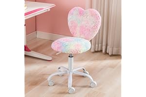 Kmax Kids Reading Chair, Rolling Cute Desk Chair for Girls Swivel Office Chair with Wheels & Heart Back Adjustable Childrens Vanity Chair for Bedroom Reading Room - Faux Fur, Colorful