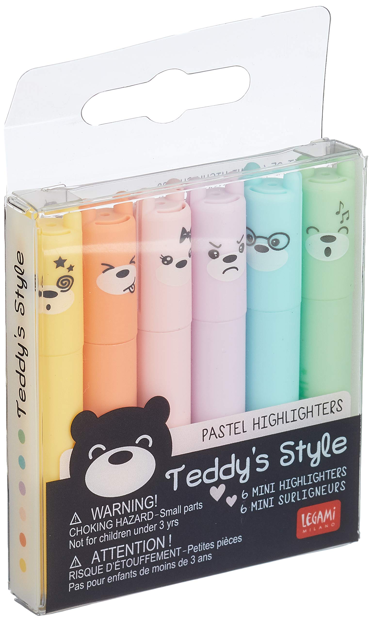 Legami Teddy’s Style Set of 6 Mini Highlighters, 1 x 7.5 cm, Yellow, Peach, Pink, Lilac, Light Blue, Light Green, for Precision Highlighting and Underlining