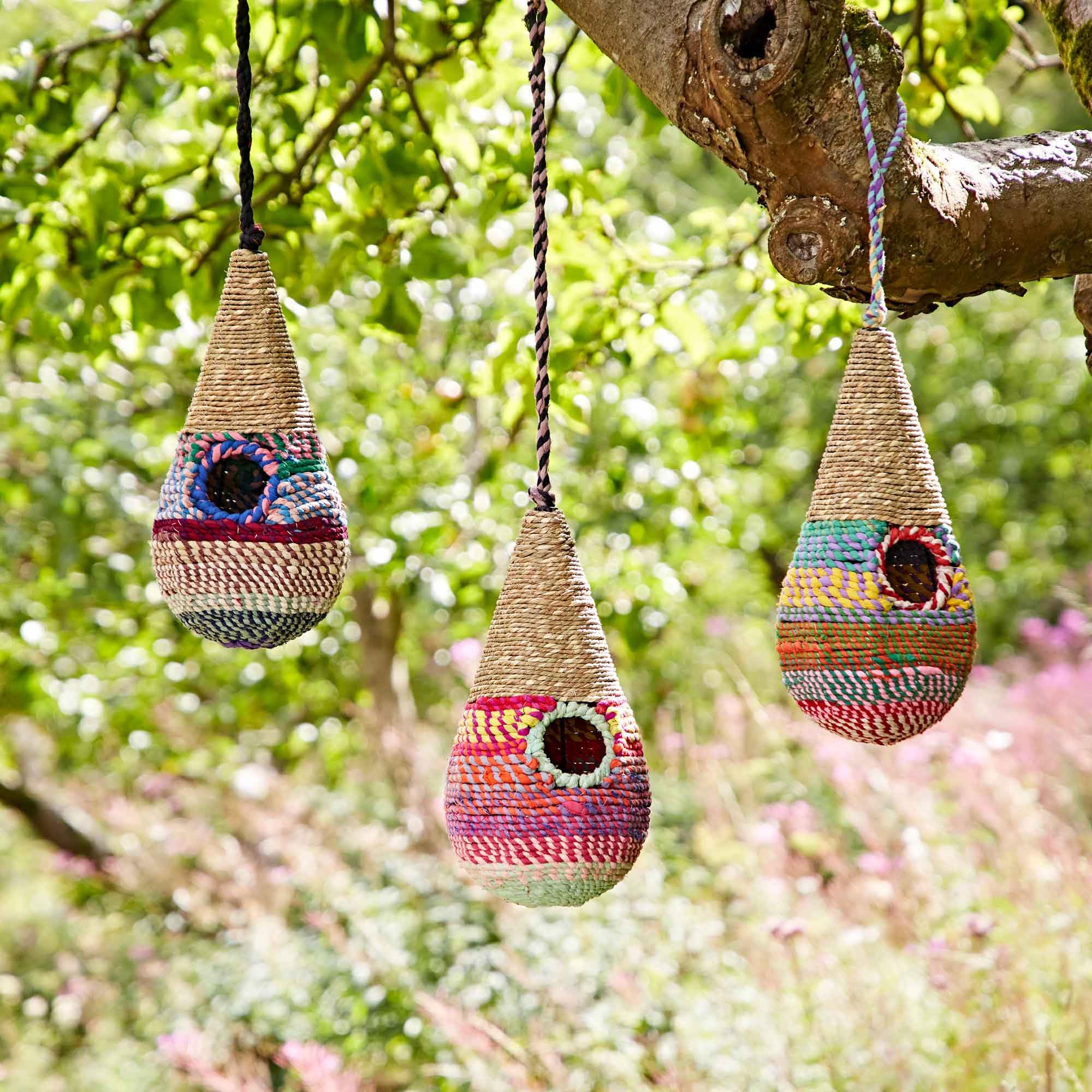 Teardrop Recycled Cotton Birdhouse - Handmade Bird Nester/Nest Box - Fair Trade Artisan - Recycled Metal, Cotton and Jute