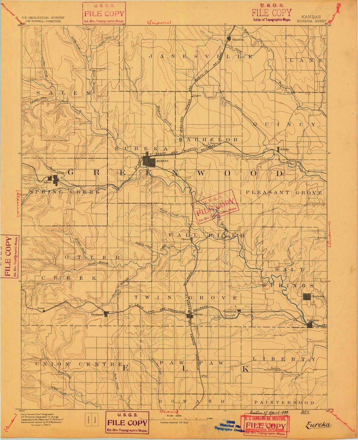 YellowMaps Eureka KS topo map, 1:125000 Scale, 30 X 30 Minute, Historical, 1888, 20.01 x 16.3 in