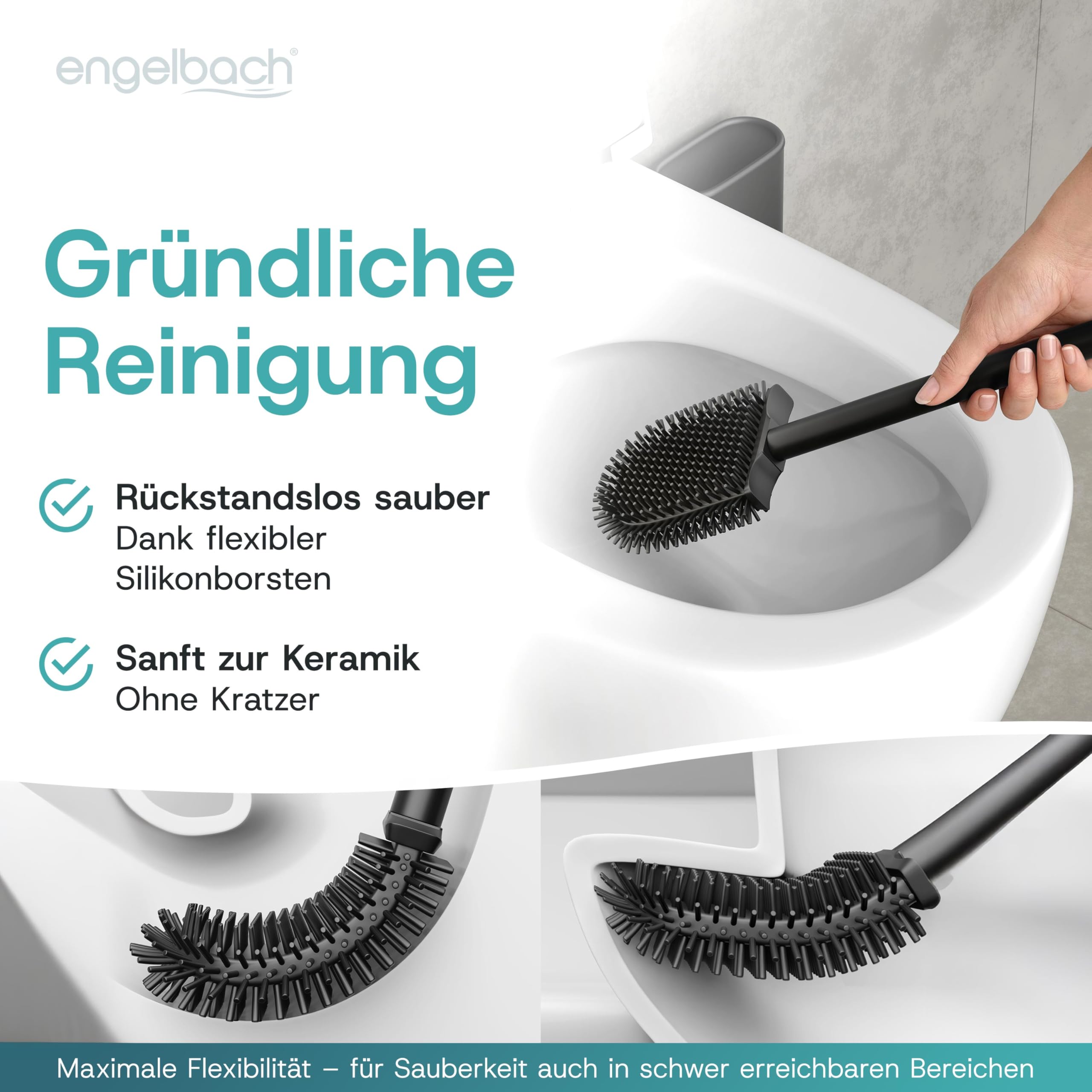 Engelbach® Klobürste Silikon mit Edelstahl Griff & Halter – Antibakterielle Toilettenbürste Wandmontage ohne Bohren – WC Bürste inkl. Ersatzbürstenkopf, schwarz 5