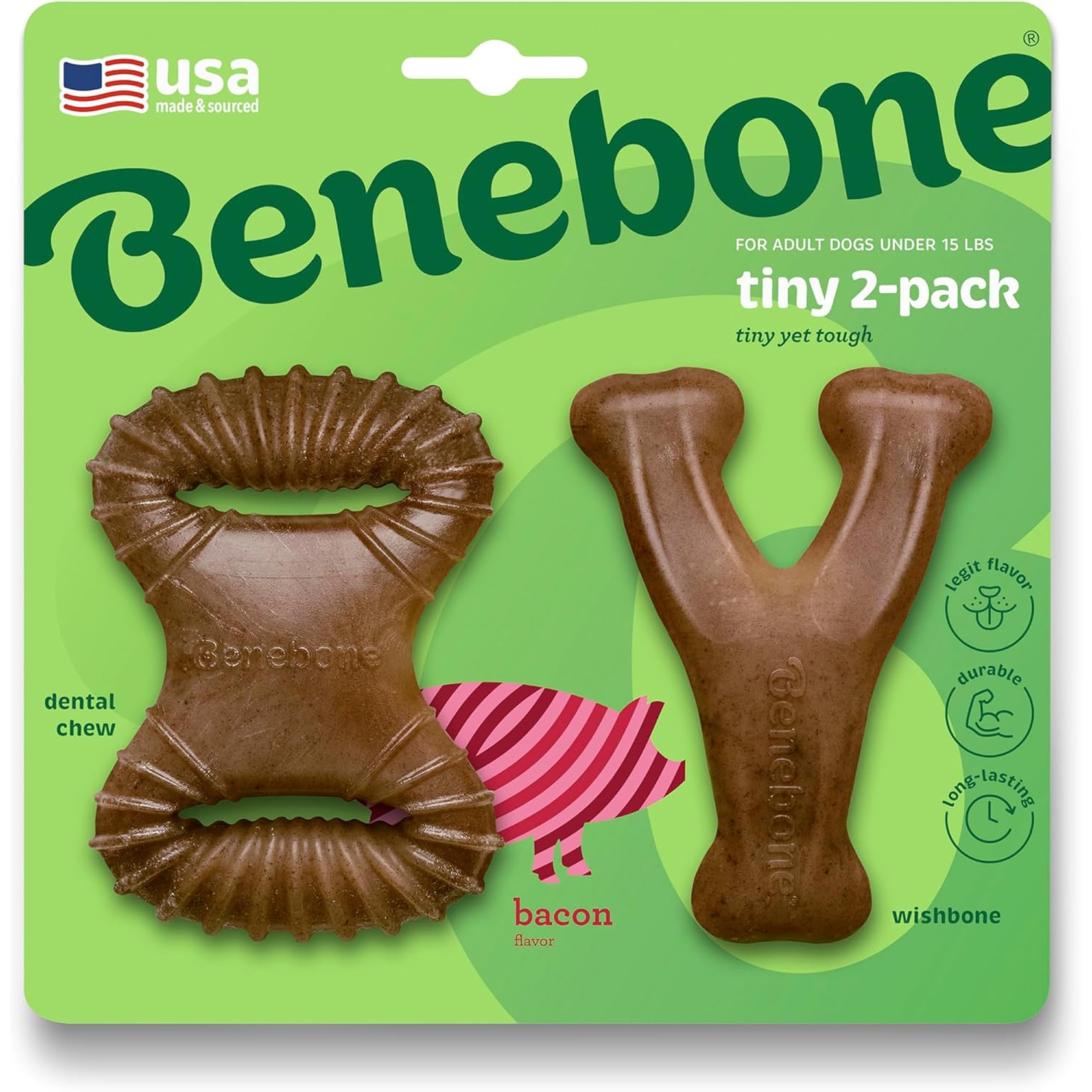 Benebone Tiny 2-Pack Indestructible Dental Chew/Wishbone for Aggressive Chewers, Long Lasting Tough Boredom Breaker for Dogs, Real Bacon Flavour, For Extra Small Dogs, Made in the USA.