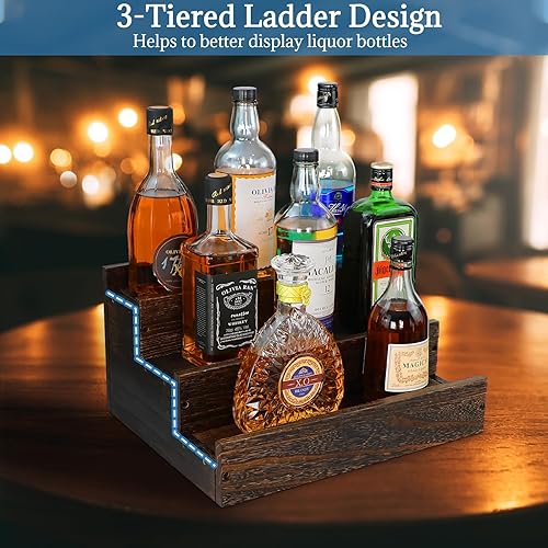 Step Real Wood Countertop Liquor Bottle Display Shelf, 12 Bottle  Freestanding Bar Shelves with Fences, Home