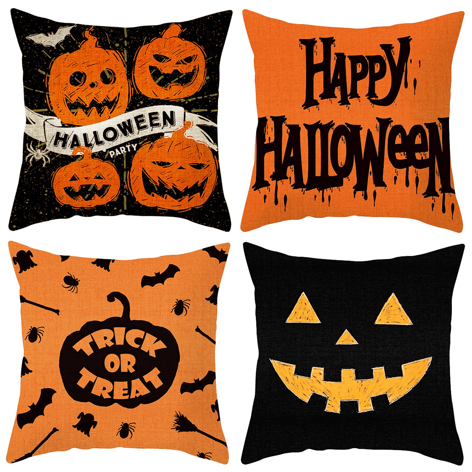 Bigqin 4 Set Halloween Throw Pillow Cushion Cover 45 * 45 cm, Pillow Case Square Cushion Protector Invisible Zipper for Sofa Bedroom Living Room Home Halloween Decorations, Black Orange, 18"