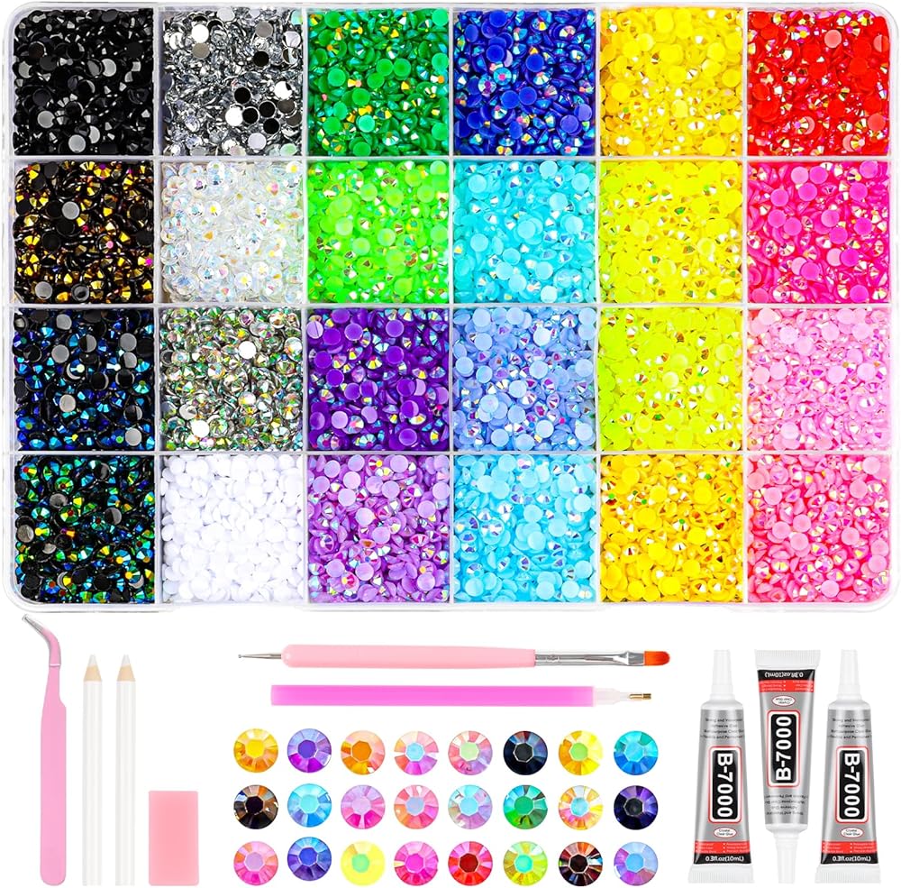24 Colors Resin Jelly Rhinestones for Bedazzling Kit, 17200Pcs Multicolor 4mm Bedazzle Kits with Glue 3 PCS, Bedazzled Kit fo