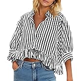 Cicy Bell Womens Cropped Striped Button Down Shirts Ruffle 3/4 Length Sleeve Summer Tops Dressy Casual Blouses