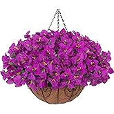 Artificial Fake Hanging Flowers Plants Basket for Outdoors Spring Summer Decor, Faux Silk Bougainvillea in Planter Look Real UV Resistant Faux Flower for Outside Porch Patio Garden Home Decor, Purple