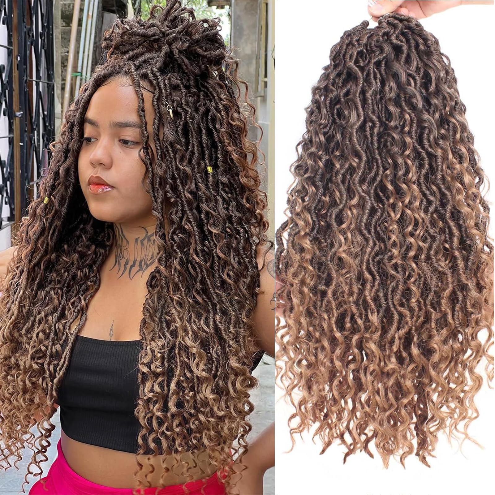 Mscat 18Inch 8 Packs Ombre Goddess Faux Locs Crochet Hair Soft Locs With Curly Ends Pre-looped Synthetic Bohemian Locs Crochet Braids Hair Extensions (14Strands/Pack T27#)