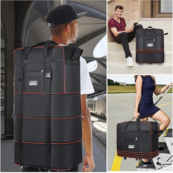 EXPANDABLE LARGE CAPACITY TRAVEL BAG OXFORD CLOTH DUFFEL BAG WITH WHEELS LIGHTWEIGHT WATERPROOF TRAVEL FOLDABLE SUITCASE(BLACK)