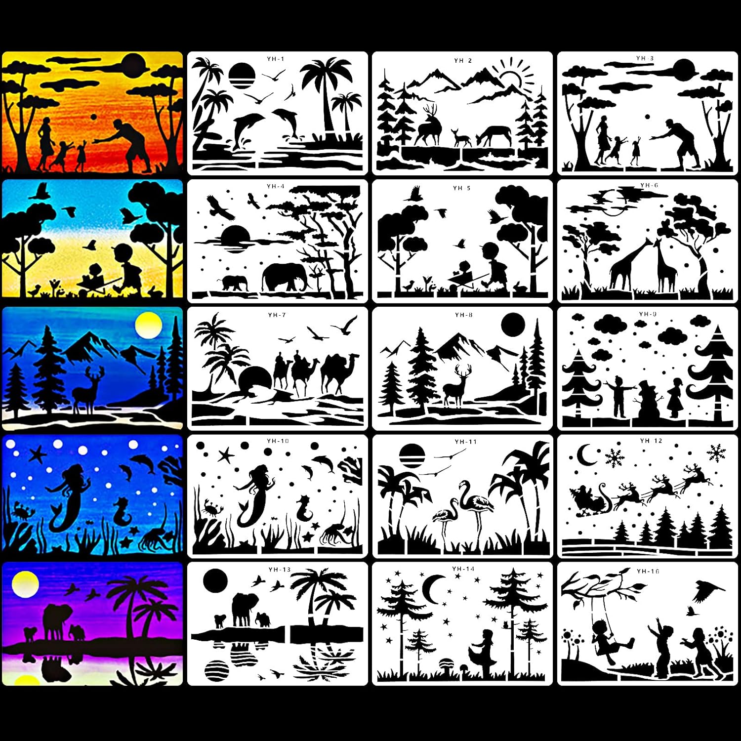 15 Pieces A4 Large Landscape Stencil Landscape Silhouette Stencil Reusable Painting Stencil