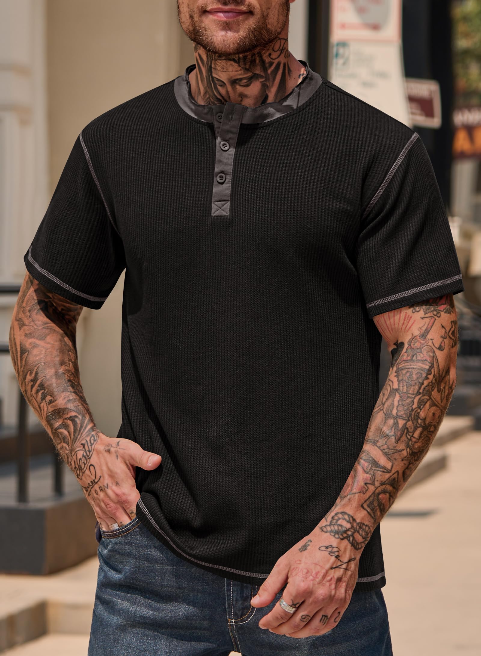 VOGSTART Men 2025 Shirt Button Tee Shirt Waffle Henley Muscle Stretch Cotton Casual T-Shirt Black S