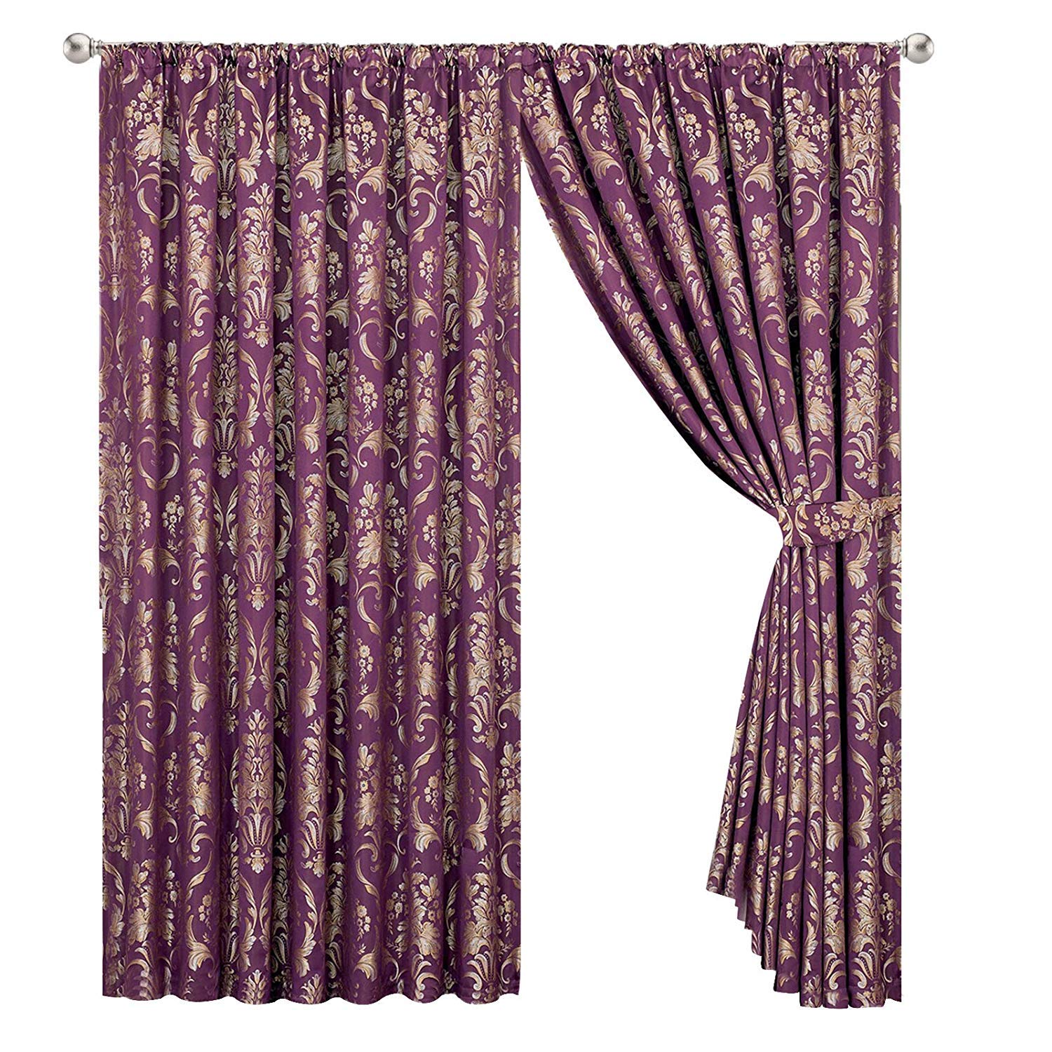Jacquard Ruby Purple Pencil Pleat Curtains With Matching Tie Back