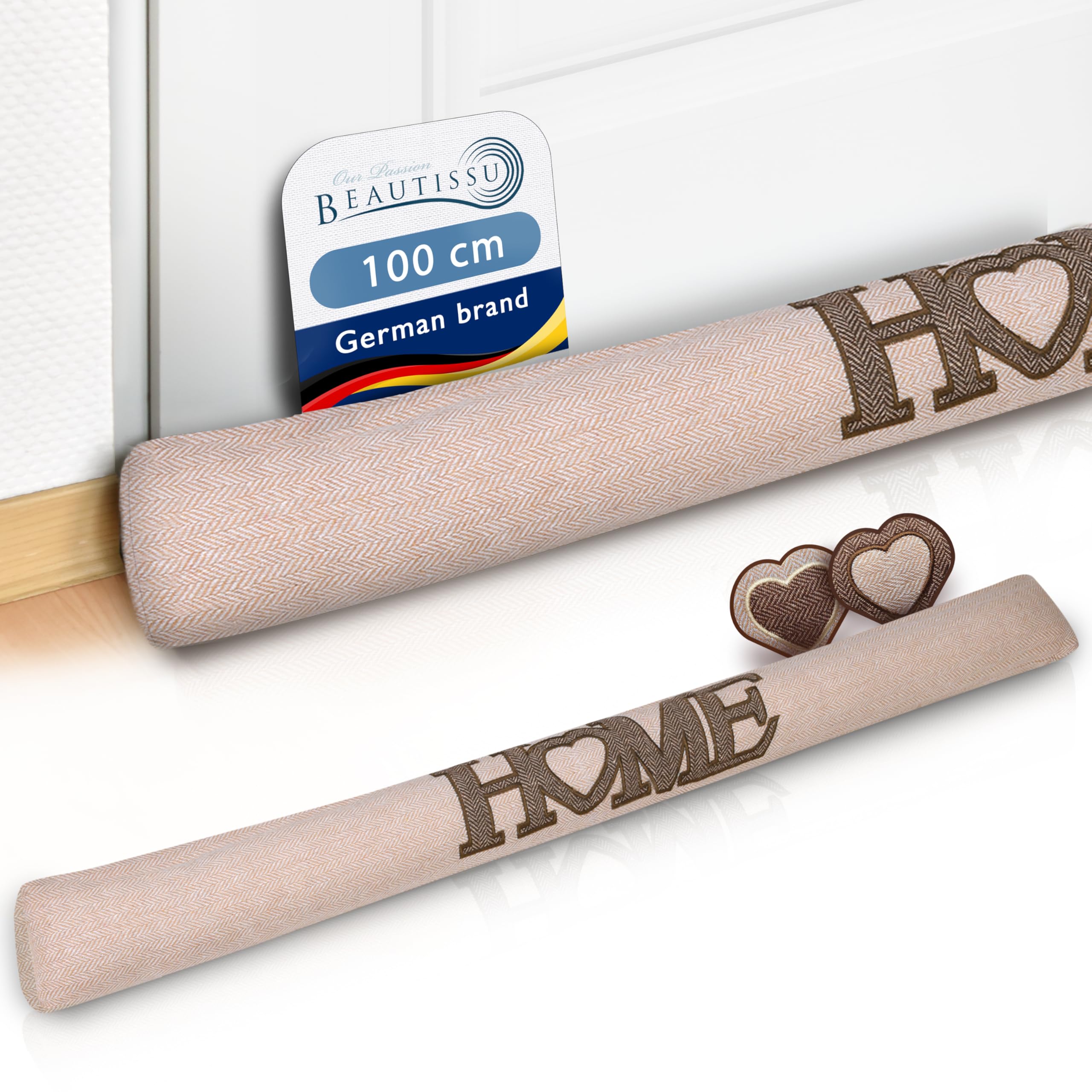 Beautissu Draught Excluder for Doors 100 cm Tuuli HE - 1,1kg Heavy Door Pillow Draft Wind Stopper for Windows - Long Weighted Draft Excluder Cushion Home Door Sausage in Natural