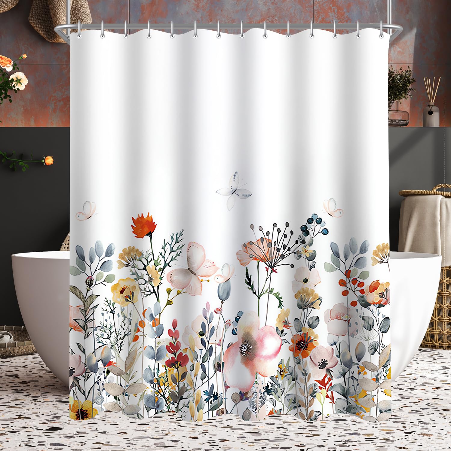 Lerores Shower Curtain, 240 x 180 cm, Flowers, Weighted Hem, Anti-Mould Textile, Water-Repellent, Washable Polyester Bath Curtains with Eyelets and 16 Shower Curtain Rings for Bathroom, Bathtub