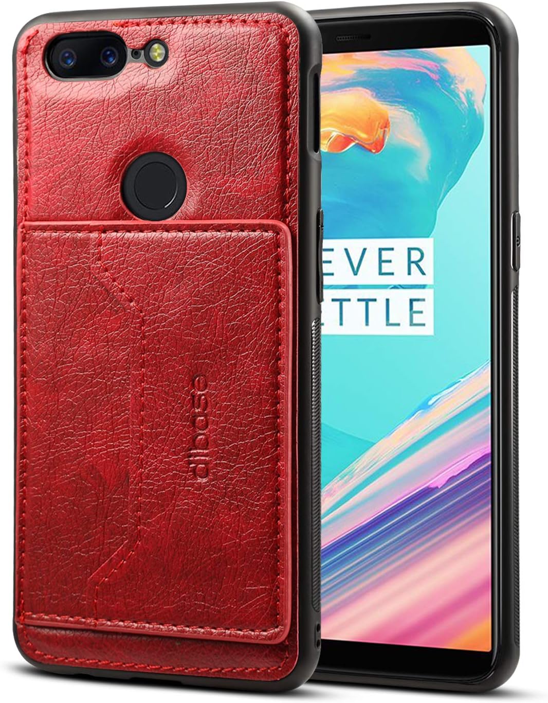 OnePlus 5T Case, Slim Fit Magnetic Back Flip Stand Card Holder Wallet PU Leather Hybrid TPU Full Frame Shock Absorption Protective Cover Case for OnePlus 5T (Red)