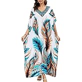 Chunoy Women Casual V Neck Kaftan Dress Kimono Sleeve Bathing Suit Beach Cover Up Caftan Side Split Dresses