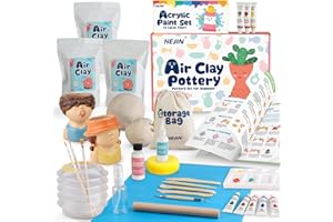 HEJIN Air Dry Clay Kit for Adults, 3.3Lbs + 30PCS Pottery Craft Kit for Beginners, Sculpting Tools Set & Step-by-Step Guide, 12 Paints, Paintbrush, Varnish, and more - Crafts for Adults for Birthdays Gift