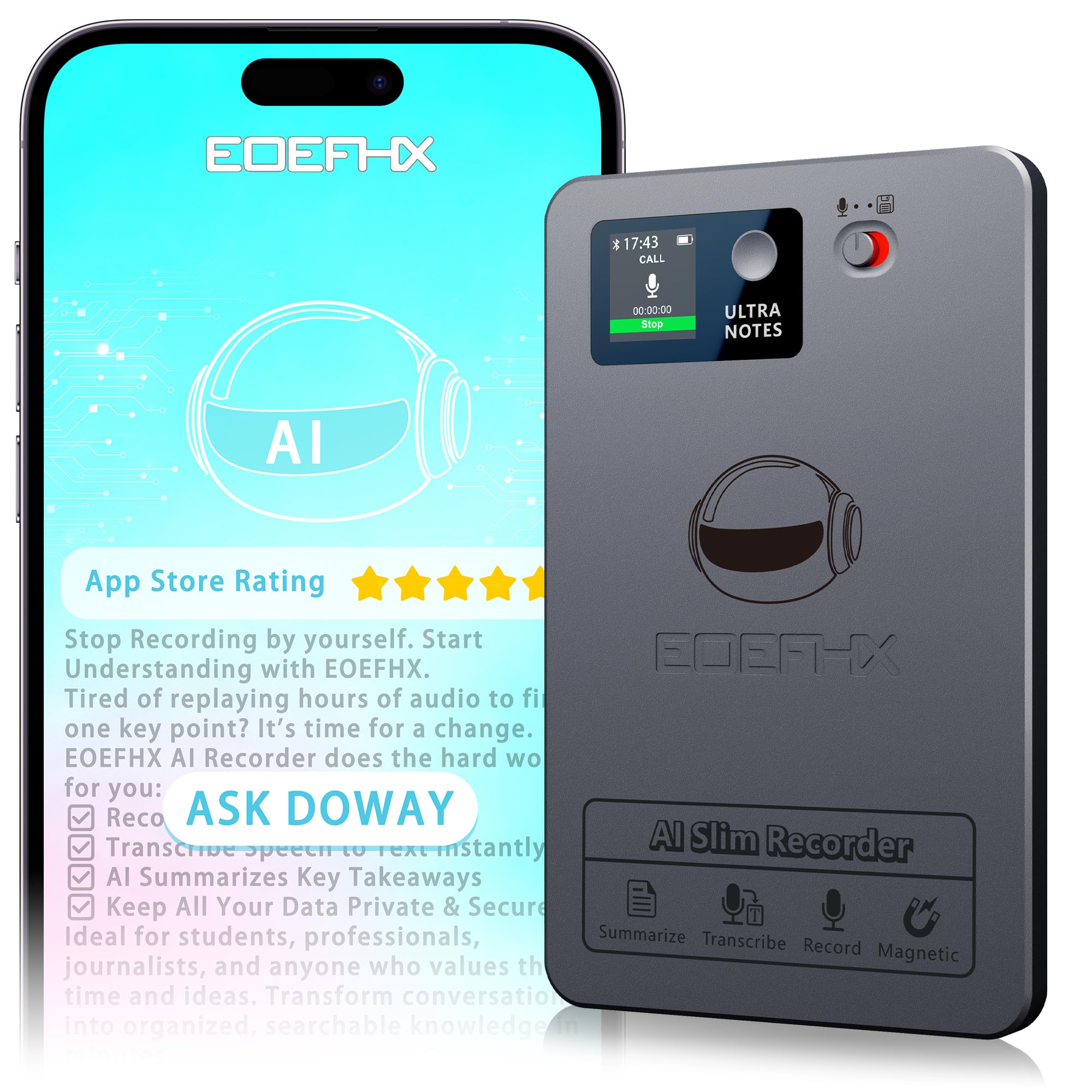 Photo 1 of AI Voice Recorder, Transcribe & Summarize with Deep AI Analysis, Support 152 Languages, App Control, AI Noise Cancellation, Upgraded Built-in MagSafe, 64GB Audio Recorder for Meetings, Lectures, Call