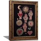 Vintage Gold Framed Mystical Wall Art, Celestial Sun Moon and Hand Heart Canvas Print, Witchy Occult Aesthetic Wall Decor, Dark Academia Poster Artwork for Bedroom Living Room Decoration, 9x11in