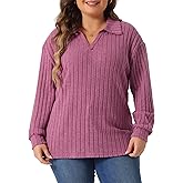 Agnes Orinda Women's Plus Size Loose Polo V Neck Long Sleeve T Shirts Tops Collared Ribbed Brushed Top Sweater Casual