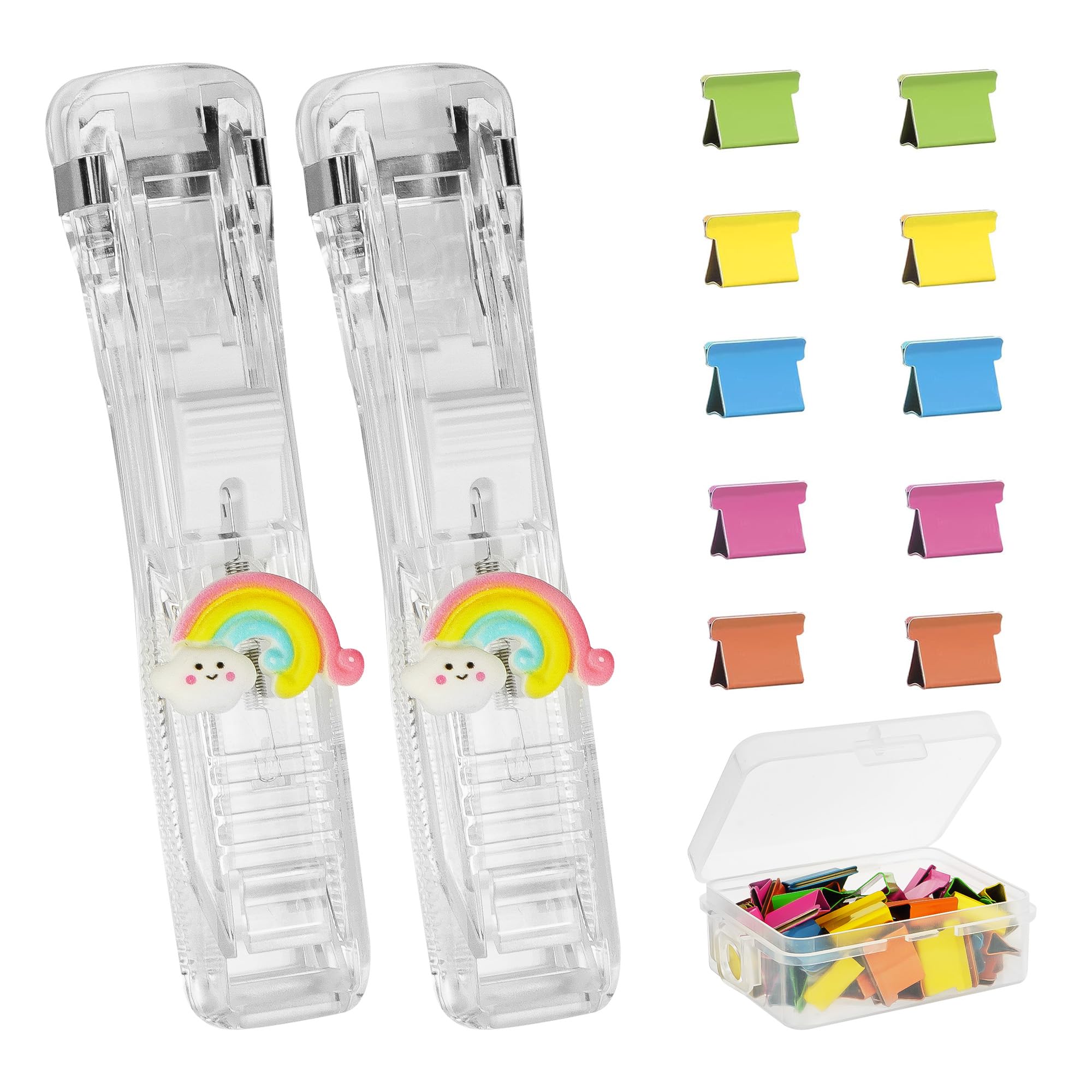 CAIRIAC Clam Clip Dispenser, Plastic Push Stapler, Paperclip Dispensers, Desktop Staplers with Small Colorful Binder Clips 50pcs(2 Pcs, Rainbow)