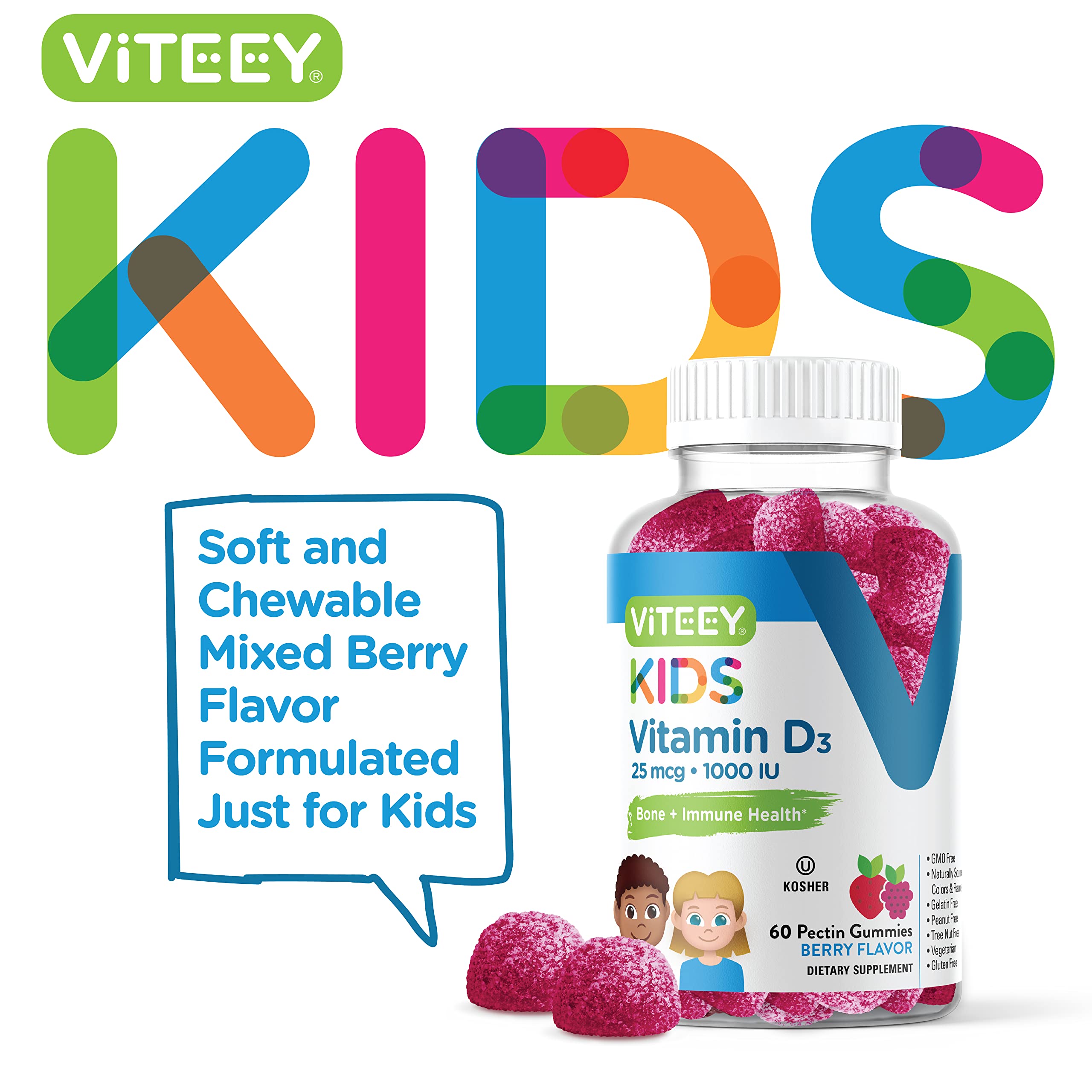 Vitamin D3 Kids Gummies 25mcg 1000 IU - Bone Health, Immune Health, Joint Muscle Support - Vegetarian, Gelatin Free, Gluten Free, GMO Free - Tasty Chewable Berry Flavored Gummy