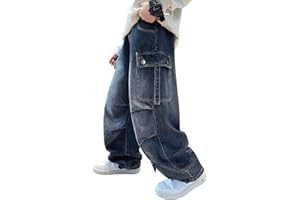 Rolanko Boys Baggy Cargo Jeans, Elastic Waist Wide Leg Y2k Hip Hop Denim Pants Kids Loose Fit Trousers Streetwear