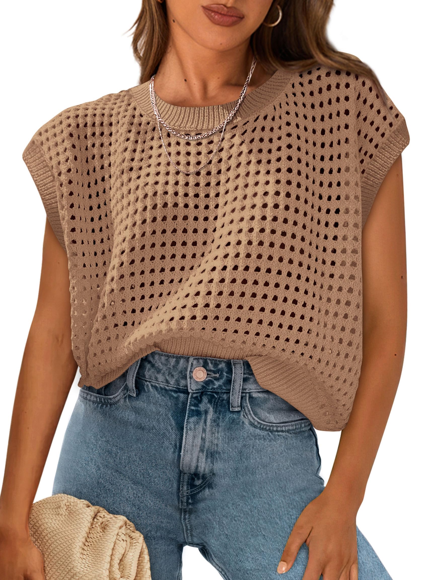 PRETTYGARDEN Womens Spring Tops 2026 Summer Shirts Crochet Cap Sleeve Sweater Pullover Cute Beach Vacation Clothes(Khaki,Medium) Image