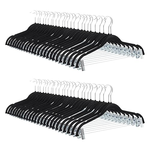 Amazon Basics Velvet, Non-Slip Skirt Clothes Hangers with Clips, Organize Pants and Skirts, Black/Silver, Pack of 50