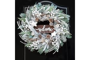 24 Inch Winter Wreaths for Front Door Outside- Pinkpuii Artificial Outdoor Christmas Wreath with Pinecones,White Berries and Welcome Sign,Xmas Holiday Winter Decorations for Home Farmhuse Door Decor
