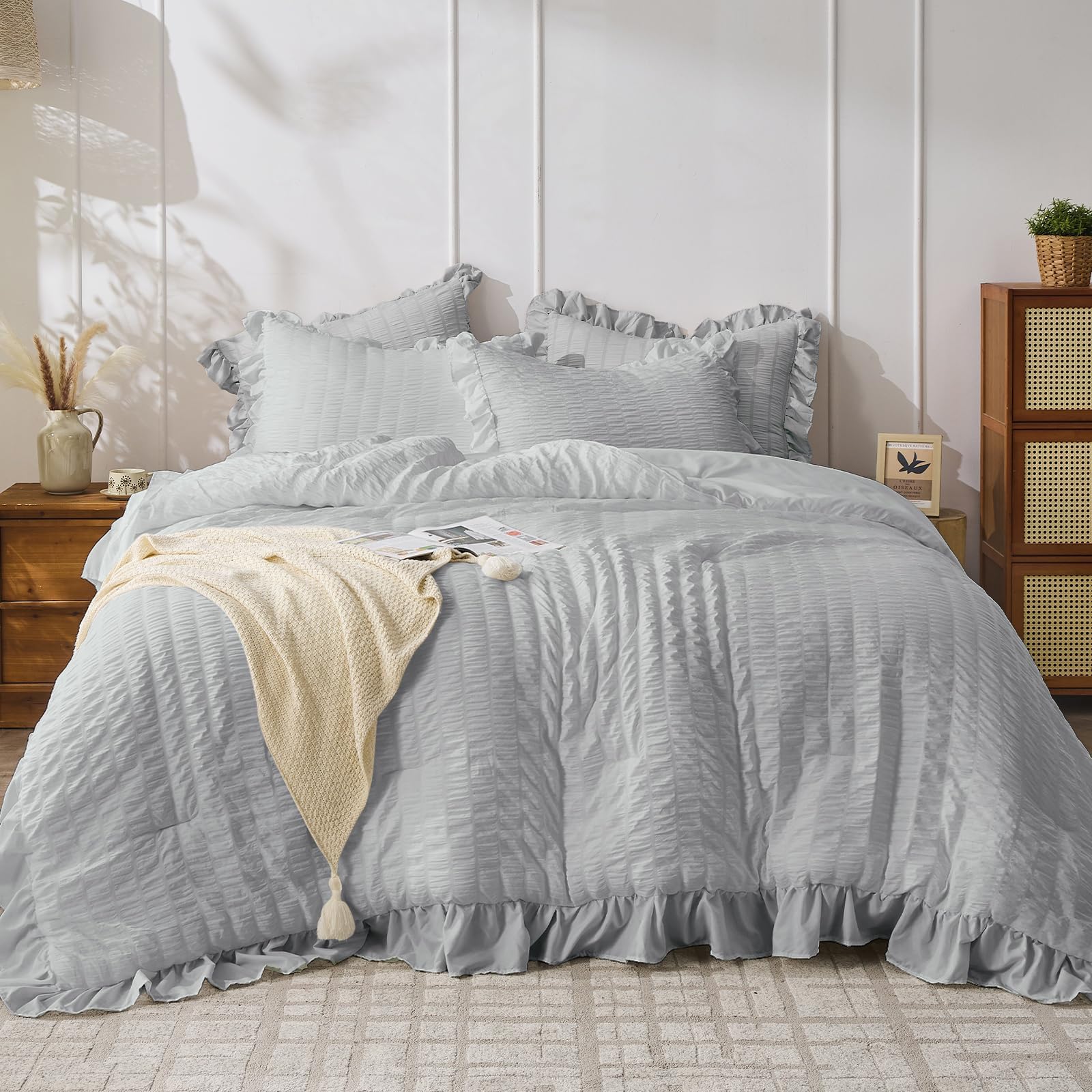 JOLLYVOGUE Light Grey Queen Comforter Set, 3 Pieces Seersucker Comforters Queen Size, Lightweight & Fluffy Bedding Sets Queen for All Season with 1 Ruffle Comforter and 2 Ruffle Pillowshams Image