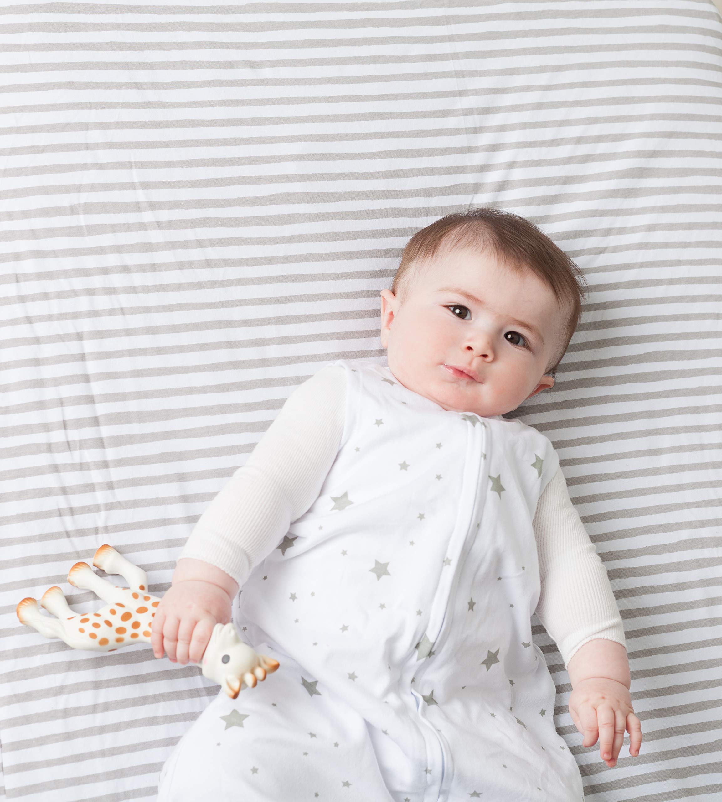 Ely’s & Co. Waterproof Crib Sheet/Toddler Bed Sheets – All-in-One Mattress Protector and Fitted Sheet – Soft Jersey Cotton, Grey Splash & Stripes, Gender Neutral Nursery Bedding Essential – 2-Pack